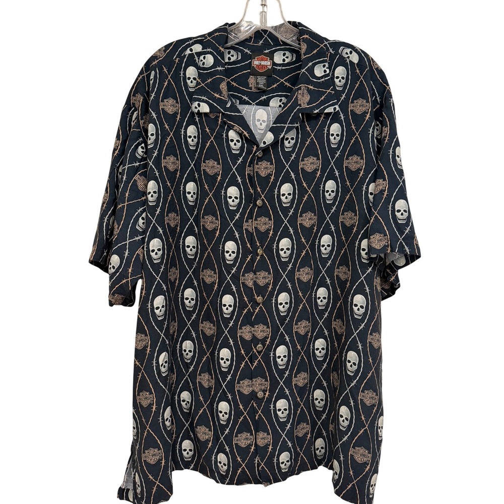 Harley-Davidson Tori Richard Skull Barbed Wire Viscose Shirt Mens 2XL Black